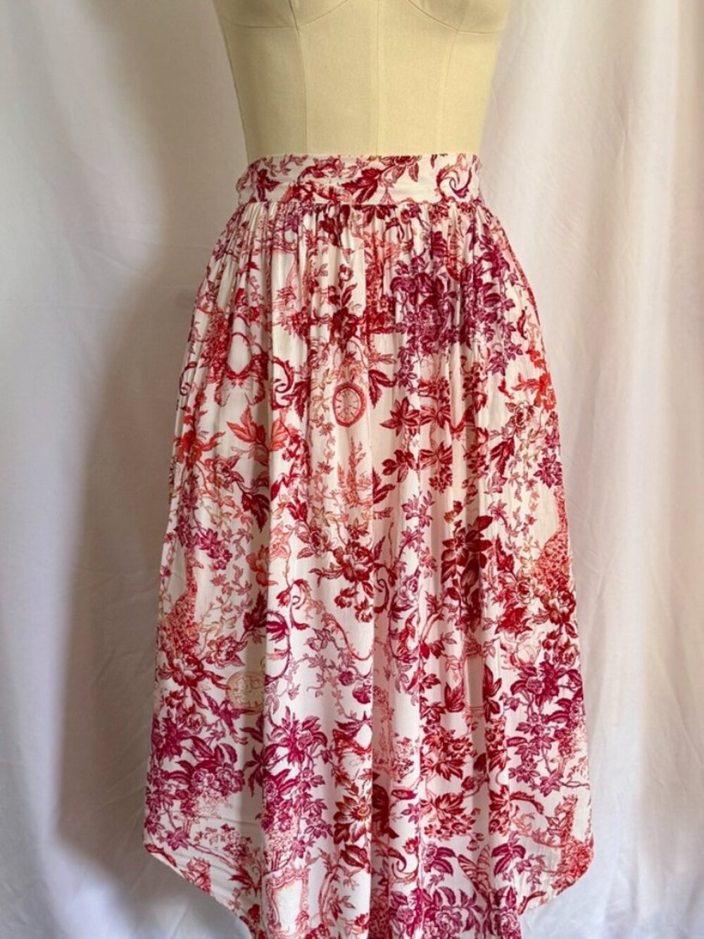Maeve Anthropologie Toile Midi Skirt XS Red Pink Floral Full Gathered Romantic C